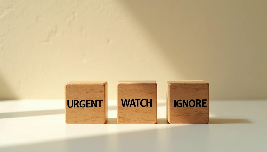 Repair Priority System Three wooden blocks labeled URGENT, WATCH, IGNORE on cream background.