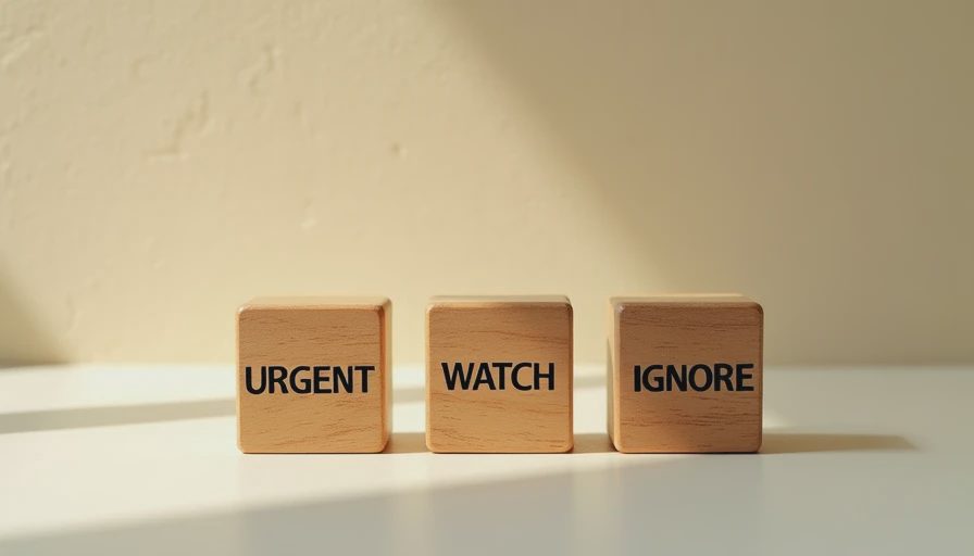 Three wooden blocks labeled URGENT, WATCH, IGNORE on cream background.