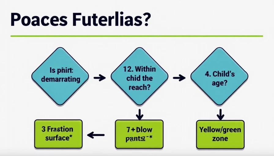 Simple flowchart with four diamond questions: Is paint deteriorating? Within child's reach? Friction surface? Child's age? Arrows lead to two final boxes: "Act now (red zone)" and "Slow down (yellow/green zone)." White background, blue and green colors, instructional design, easy to read.