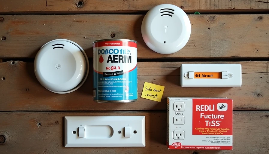 Flat lay of working smoke detector, CO alarm, fixed railing, lead paint encapsulant, and radon test kit