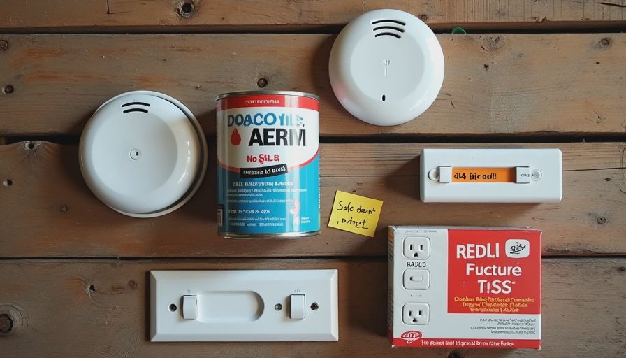 Flat lay of working smoke detector, CO alarm, fixed railing, lead paint encapsulant, and radon test kit