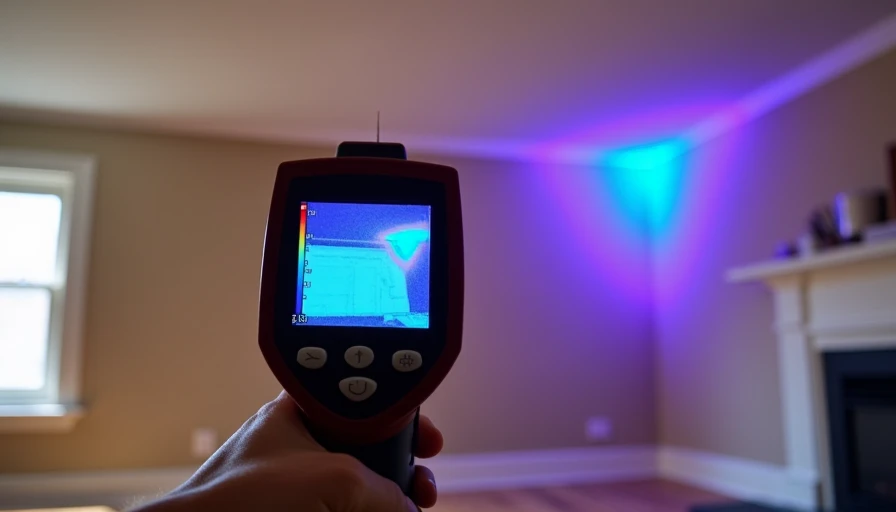 Handheld thermal camera showing bright blue cold spot at ceiling corner indicating missing attic insulation First-person view of a hand holding a thermal camera. The camera screen shows blue/purple cold spots at a ceiling corner near an exterior wall. Real room background is a normal bedroom. Split visual. Realistic, educational, clear.