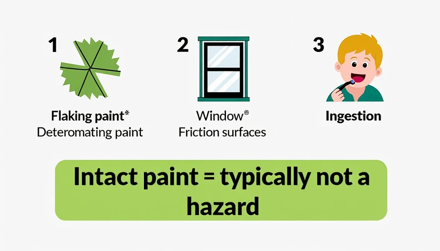 Infographic showing three lead paint hazards – deteriorating paint, friction surfaces, and ingestion