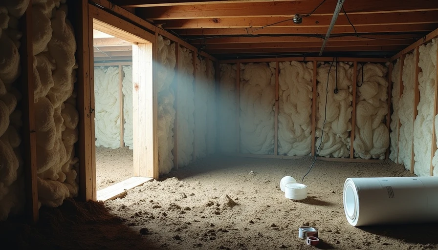 A crawlspace door is open, revealing a dirt floor with no vapor barrier. Wet, dirty fiberglass insulation hangs down between floor joists above. A bright flashlight beam highlights moisture droplets on the insulation. At the entrance, a roll of 10-mil polyethylene plastic and a roll of tape sit ready for a DIY vapor barrier installation. Cold, damp atmosphere, instructional.