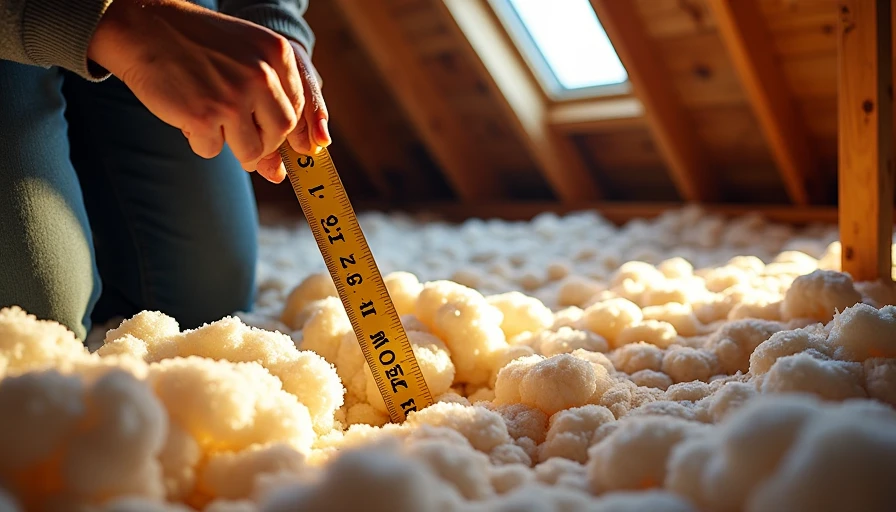 Person measuring blown-in insulation depth in attic – 4 inches thin vs 12 inches adequate A person in an attic on a sunny day holds a tape measure next to blown-in insulation. One area has only 4 inches with ceiling joists visible. Another area has 12 inches. Flashlight highlights the thin spot. Realistic DIY inspection style.