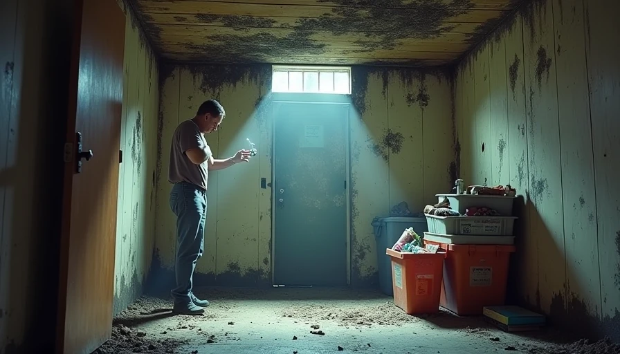 A small unfinished basement storage room behind a hollow-core door. A person shines a flashlight upward at the underside of a porch floor, revealing dark gray and black mold patches. Christmas decorations sit in plastic bins. The air feels stale and slightly sweet. Realistic, dim lighting, slightly claustrophobic. Shows hidden mold from a slow roof leak.
