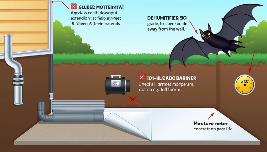 Basement scene with downspout extension, soil slope, dehumidifier, and crawlspace vapor barrier roll