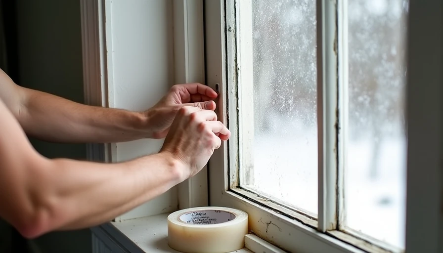 Hands pressing rope caulk into gap of double-hung window, shrink film kit and hair dryer nearby Close-up instructional photo. Hands press rope caulk into the gap between an old double-hung window sash and frame. Next to the window, a shrink-film kit box and a hair dryer sit on the sill. The window shows original glazing and condensation. A roll of clear packing tape and a tube of paintable latex caulk are also visible. Bright, clean lighting, DIY educational style, neutral background.