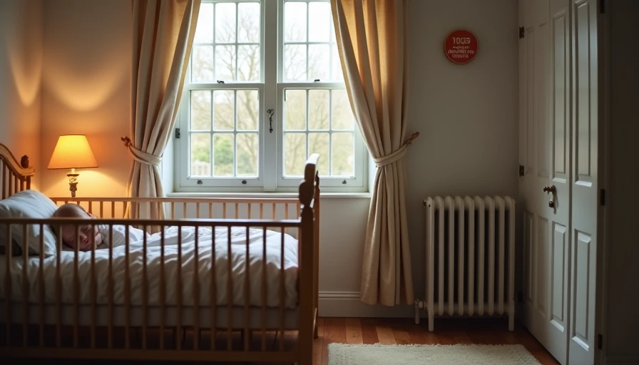 Cozy nursery at night with baby sleeping in crib, thermal curtains drawn, oil-filled heater and CO detector visible Cozy, realistic nursery scene at night. A baby sleeps in a crib positioned at least 12 inches from an old window. Heavy thermal curtains are drawn. A small oil-filled radiator-style heater (no exposed elements) sits safely in a corner. A carbon monoxide detector is visible on the wall. The room feels warm, calm, and safe. Soft lamplight, no harsh shadows. Reassuring, peaceful, aspirational lifestyle photography.