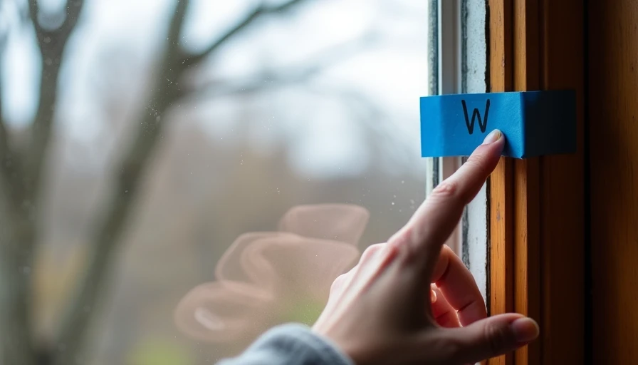 Person’s hand feeling for cold air near old window with blue painter’s tape marked “W” – draft testing