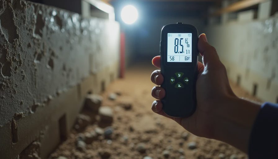 Digital hygrometer held in crawlspace showing 85% relative humidity and 58°F – too high for wood floors