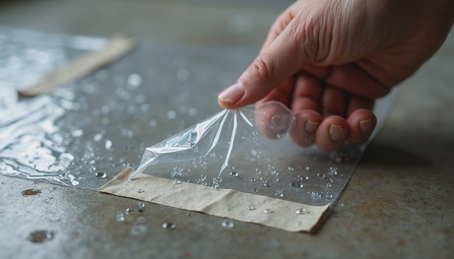 Clear plastic sheet taped to basement floor with water droplets underneath – positive moisture test