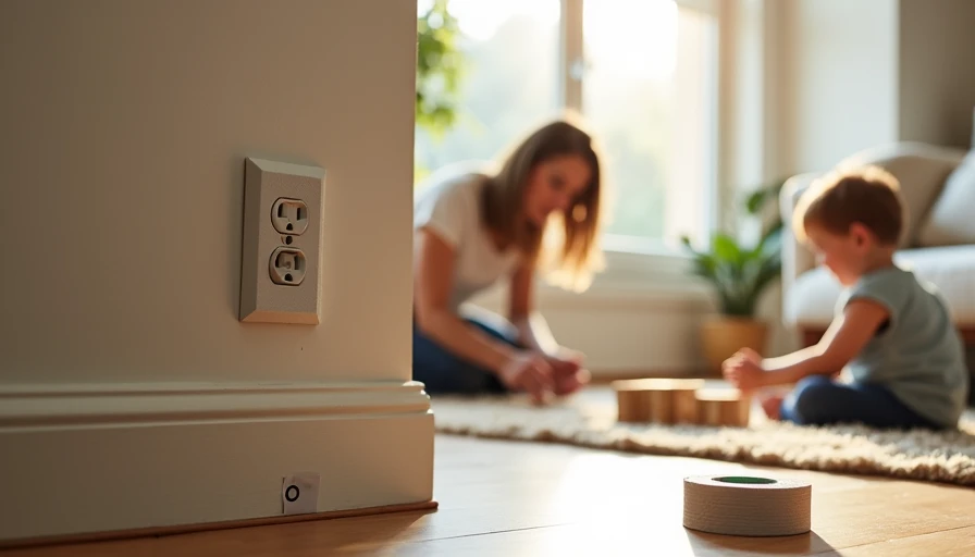 Parent kneeling by outlet on exterior wall, installing foam gasket, toddler playing nearby – safe DIY