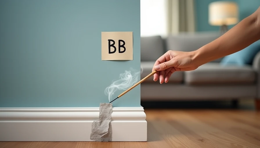 Hand holding smoking incense near baseboard gap, smoke wavering and being drawn in – marking leak with “BB” tape